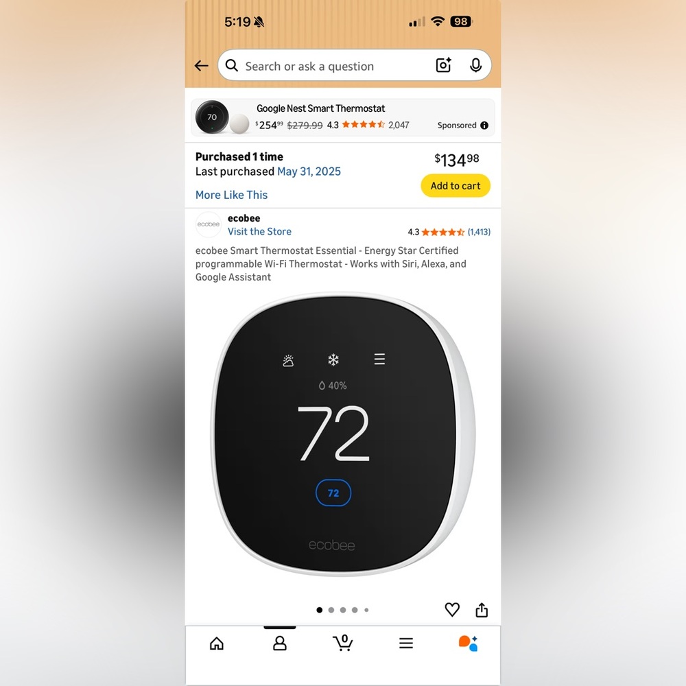 Ecobee Smart Thermostat (Black/White) - Wi‑Fi Enabled + Wall Plate